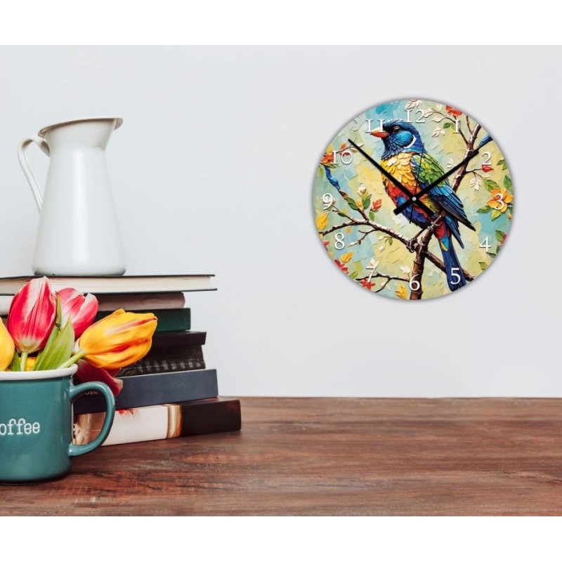 Orologio da parete artistico – Uccello multicolore con stampa materica