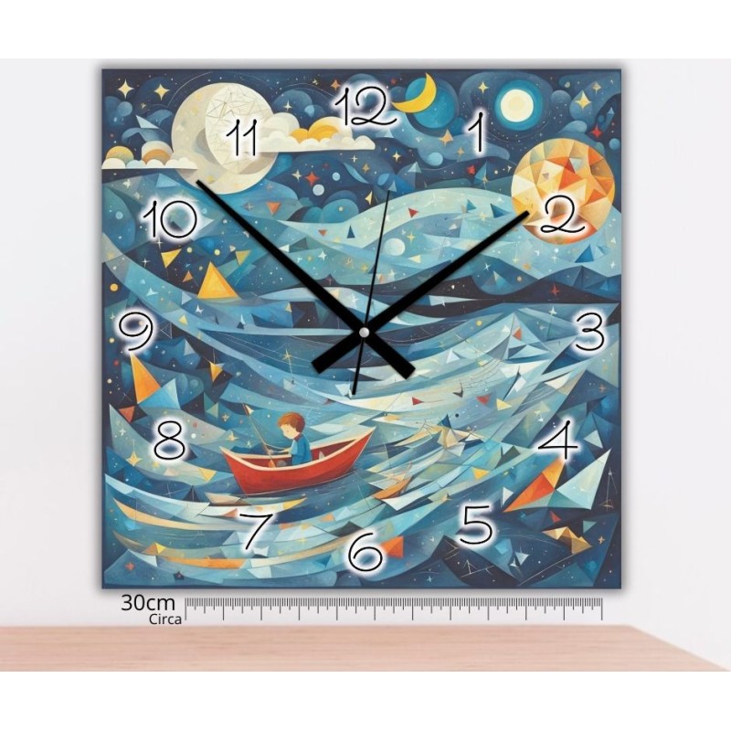 Orologio da parete artistico con barca rossa e cielo stellato onirico, stampa materica 30
