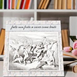 Complemento d’arredo in legno con citazione dantesca e arte rinascimentale