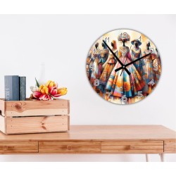 Orologio da parete etnico su supporto rigido, 30 cm circa, con figure femminili e abiti multicolore.