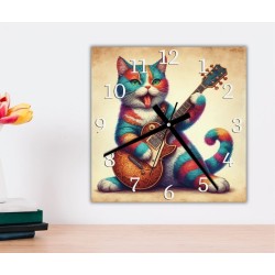 Orologio da parete con gatto colorato che suona una chitarra, su supporto rigido ecosostenibile.