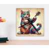 Orologio da parete con gatto colorato che suona una chitarra, su supporto rigido ecosostenibile.