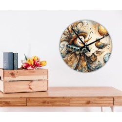 Effetto tridimensionale su orologio da parete con decorazioni materiche e supporto rigido.
