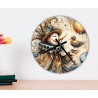 Orologio da parete su supporto rigido con grafica artistica di una maschera onirica e un uccellino.